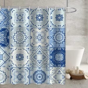 rideau de douche bleu et blanc kauni pour une salle bains elegante 144 1