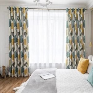 rideau style scandinave weito avec feuilles turquoise et ocre opaque 857 1